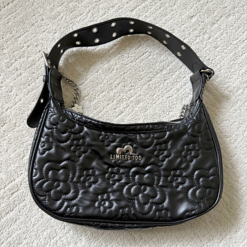 Limited Too Black Quilted Flower Shoulder Bag Y2K Hobo Silver-tone Chain Purse